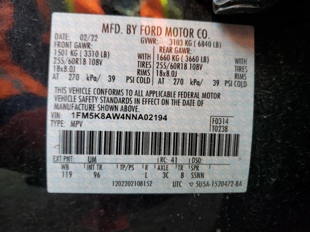 1FM5K8AW4NNA02194 - 2022 FORD EXPLORER POLICE INTERCEPTOR BLACK photo 14