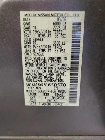 5N1AR18W76C650570 - 2006 NISSAN PATHFINDER LE 灰色 照片 10