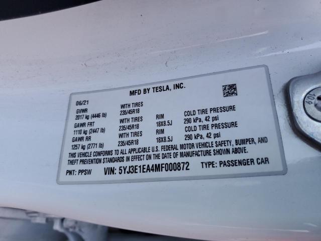 5YJ3E1EA4MF000872 - 2021 TESLA MODEL 3 WHITE photo 12