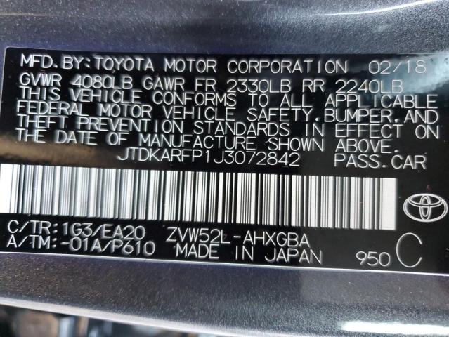 JTDKARFP1J3072842 - 2018 TOYOTA PRIUS PRIM 石墨色 照片 12