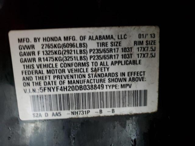 5FNYF4H20DB038849 - 2013 HONDA PILOT LX BLACK photo 13