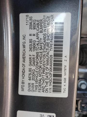 1HGCV2F30KA000526 - 2019 HONDA ACCORD SPORT GRAY photo 12