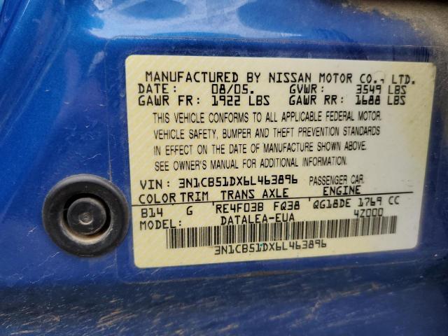 3N1CB51DX6L463896 - 2006 NISSAN SENTRA 1.8 BLUE photo 12