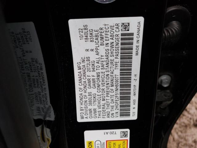2HGFE2F51NH609077 - 2022 HONDA CIVIC SPORT 黑色 照片 12