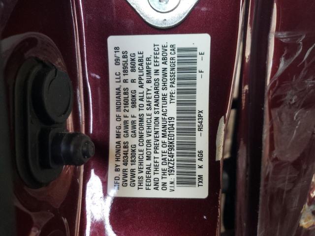 19XZE4F98KE010419 - 2019 HONDA INSIGHT TOURING MAROON photo 12