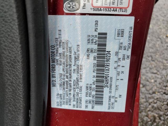 3FAHP011X7R190234 - 2007 FORD FUSION SE MAROON photo 12