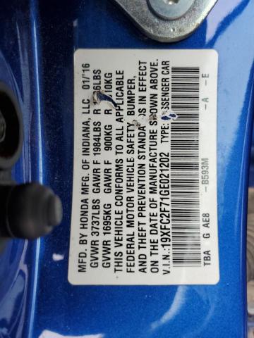 19XFC2F71GE021202 - 2016 HONDA CIVIC EX BLUE photo 12