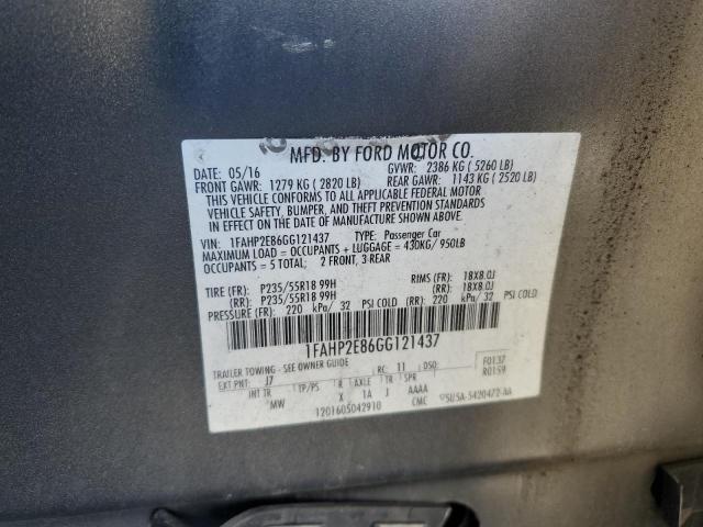 1FAHP2E86GG121437 - 2016 FORD TAURUS SEL GRAY photo 12