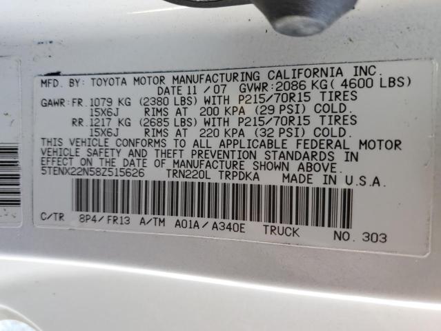 5TENX22N58Z515626 - 2008 TOYOTA TACOMA WHITE photo 12