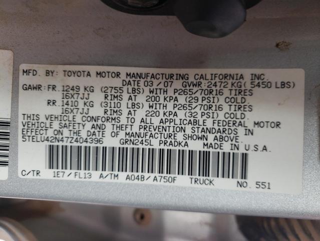 5TELU42N47Z404396 - 2007 TOYOTA TACOMA DOUBLE CAB 银色 照片 12