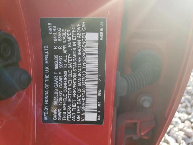SHHFK7G49JU237013 - 2018 HONDA CIVIC SPORT 红色 照片 12