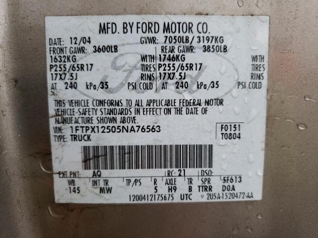 1FTPX12505NA76563 - 2005 FORD F150 TAN photo 12