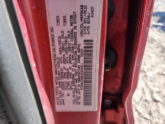 5TEHN72N64Z424911 - 2004 TOYOTA TACOMA DOUBLE CAB 栗色 照片 12