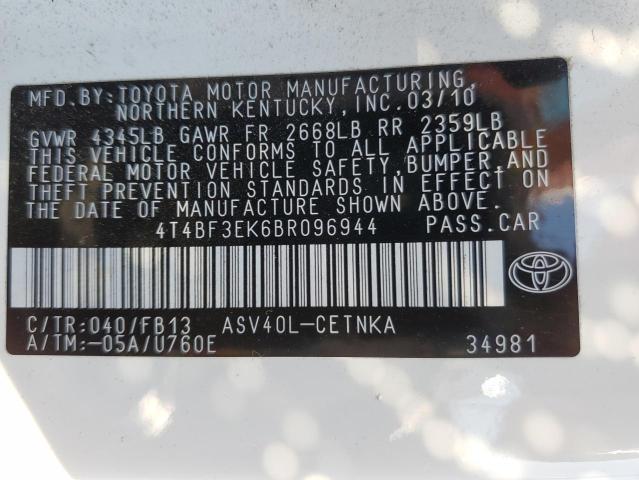 4T4BF3EK6BR096944 - 2011 TOYOTA CAMRY BASE WHITE photo 12