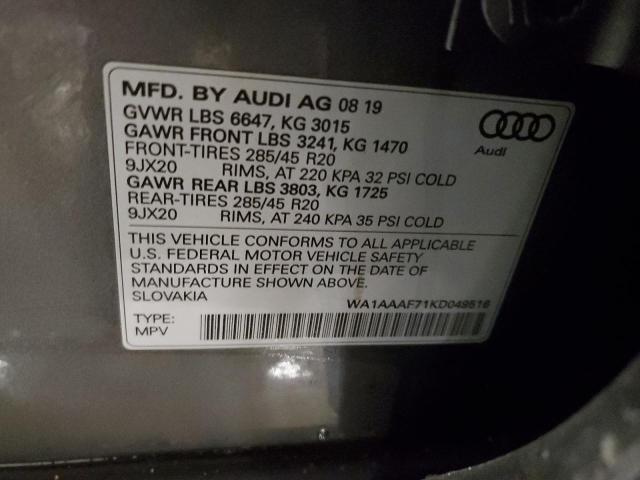 WA1AAAF71KD049516 - 2019 AUDI Q7 PREMIUM GRAY photo 13