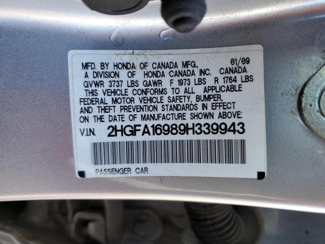 2HGFA16989H339943 - 2009 HONDA CIVIC EXL ვერცხლისფერი ფოტო 12