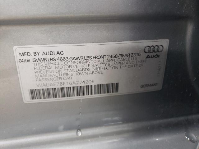 WAUAF78E16A274206 - 2006 AUDI A4 2 TURBO GRAY photo 12