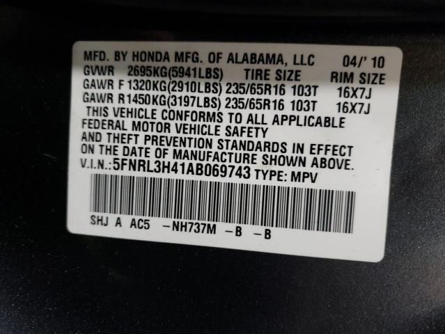 5FNRL3H41AB069743 - 2010 HONDA ODYSSEY EX GRAY photo 13