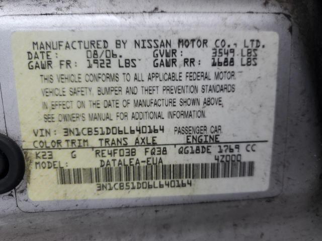 3N1CB51D06L640164 - 2006 NISSAN SENTRA 1.8 SILVER photo 12