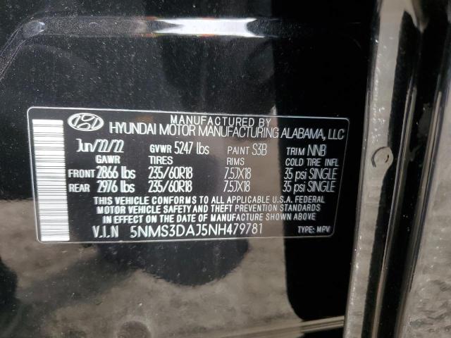 5NMS3DAJ5NH479781 - 2022 HYUNDAI SANTA FE SEL BLACK photo 13