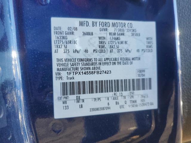 1FTPX14558FB27423 - 2008 FORD F150 BLUE photo 12