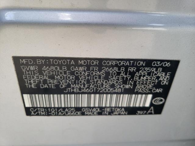 JTHBJ46G172005481 - 2007 LEXUS ES 350 SILVER photo 10