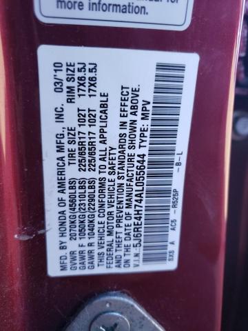 5J6RE4H74AL055644 - 2010 HONDA CR-V EXL RED photo 12