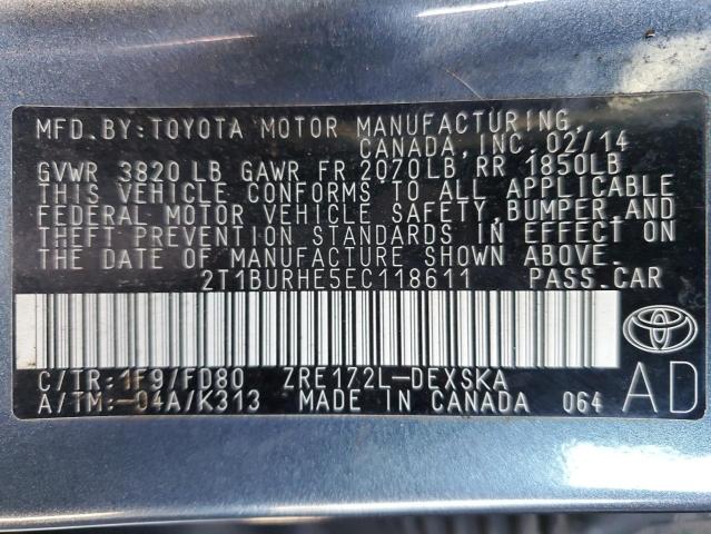 2T1BURHE5EC118611 - 2014 TOYOTA COROLLA L GRAY photo 12