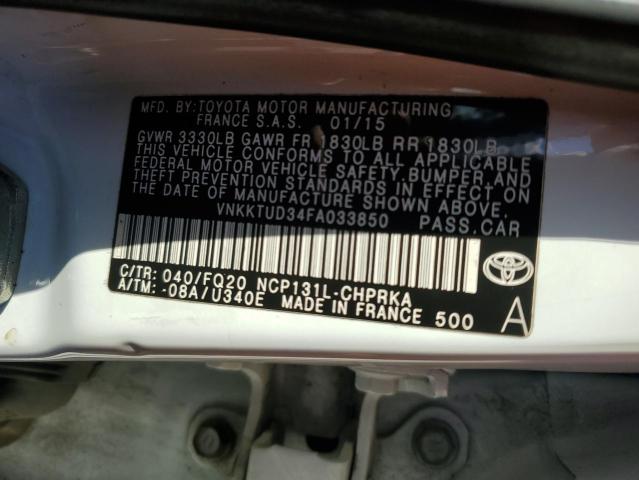 VNKKTUD34FA033850 - 2015 TOYOTA YARIS WHITE photo 12