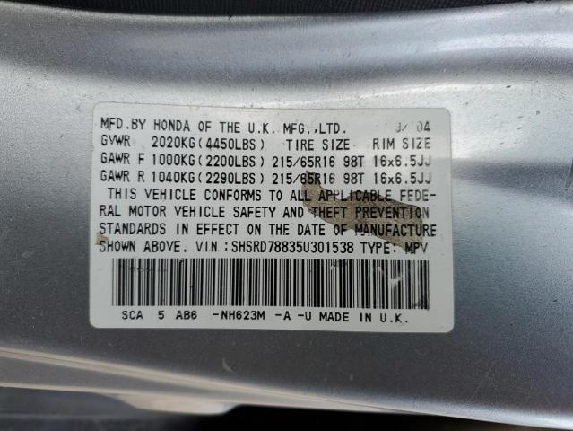 SHSRD78835U301538 - 2005 HONDA CR-V EX SILVER photo 12