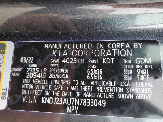 KNDJ23AU7N7833049 - 2022 KIA SOUL LX GRAY photo 13