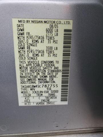 5N1AR18W45C787755 - 2005 NISSAN PATHFINDER LE 灰色 照片 12