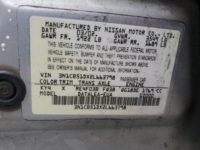 3N1CB51DX2L663798 - 2002 NISSAN SENTRA XE SILVER photo 12