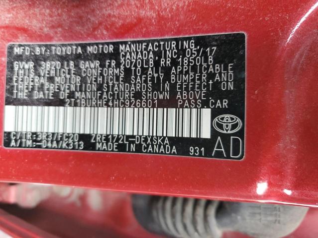 2T1BURHE4HC926601 - 2017 TOYOTA COROLLA L RED photo 12