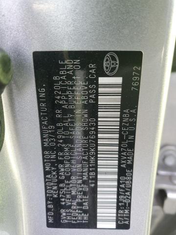 4T1B11HK9KU769430 - 2019 TOYOTA CAMRY L SILVER photo 12