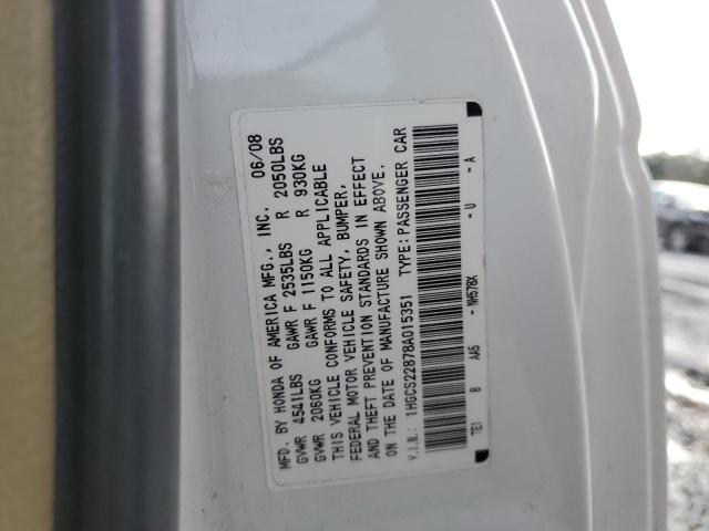 1HGCS22878A015351 - 2008 HONDA ACCORD EXL WHITE photo 12