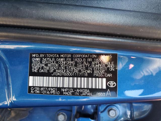 JTDKDTB30G1117118 - 2016 TOYOTA PRIUS C BLUE photo 12