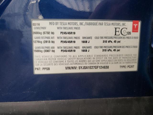 5YJSA1E27GF124638 - 2016 TESLA MODEL S Mavi foto 13