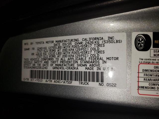 5TEUU42N85Z061240 - 2005 TOYOTA TACOMA ACCESS CAB SILVER photo 12