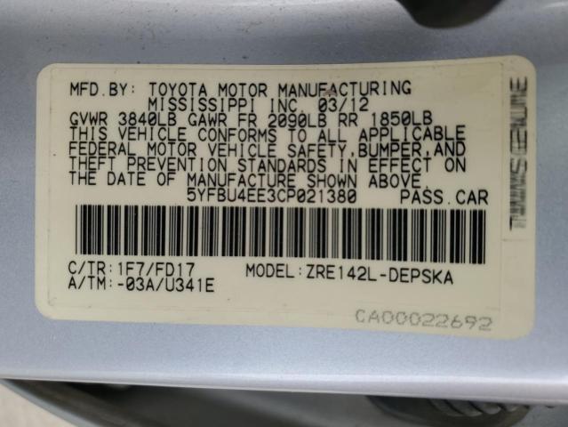 5YFBU4EE3CP021380 - 2012 TOYOTA COROLLA BASE GRAY photo 12
