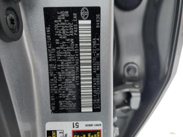 4T1B11HK7KU741514 - 2019 TOYOTA CAMRY L SILVER photo 12