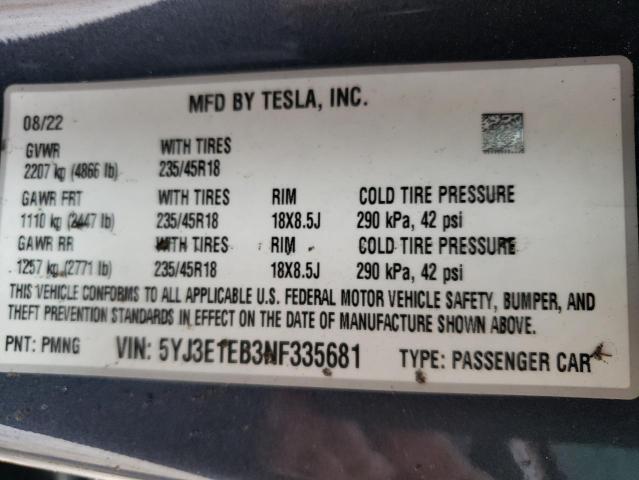 5YJ3E1EB3NF335681 - 2022 TESLA MODEL 3 GRAY photo 12