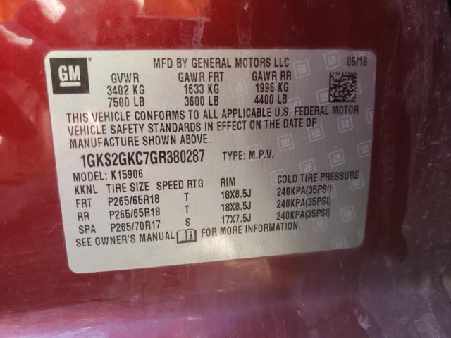 1GKS2GKC7GR380287 - 2016 GMC YUKON XL K1500 SLT MAROON photo 10