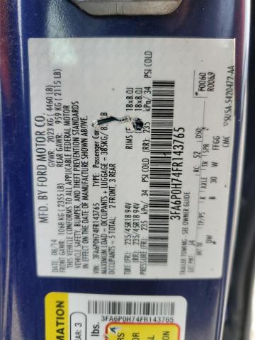 3FA6P0H74FR143765 - 2015 FORD FUSION SE BLUE photo 12