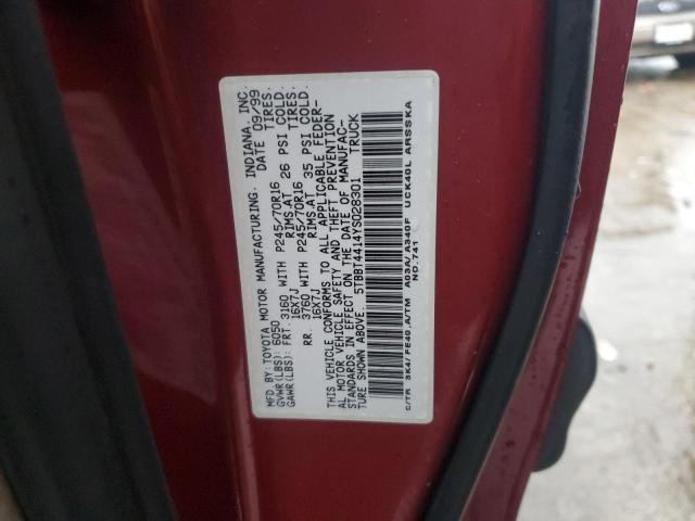 5TBBT4414YS028301 - 2000 TOYOTA TUNDRA ACCESS CAB RED photo 12