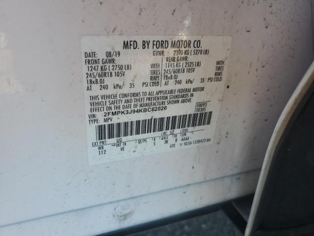 2FMPK3J94KBC62026 - 2019 FORD EDGE SEL WHITE photo 12