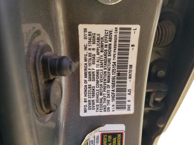 1HGFA168X6L125154 - 2006 HONDA CIVIC EX GRAY photo 12