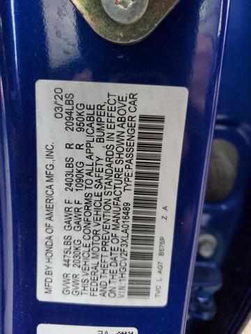 1HGCV2F3XLA016489 - 2020 HONDA ACCORD SPORT BLUE photo 12