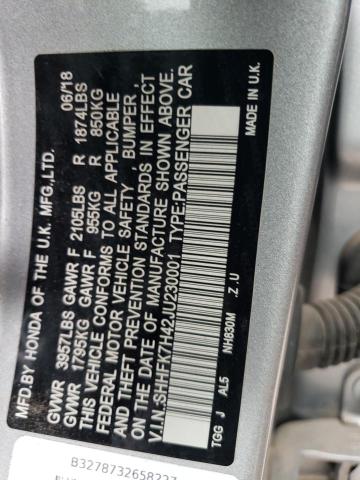 SHHFK7H42JU230001 - 2018 HONDA CIVIC SPORT 银色 照片 12