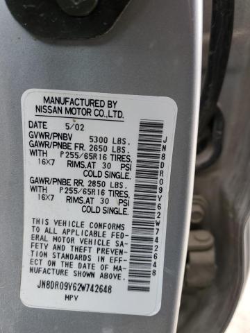 JN8DR09Y62W742648 - 2002 NISSAN PATHFINDER LE ვერცხლისფერი ფოტო 12